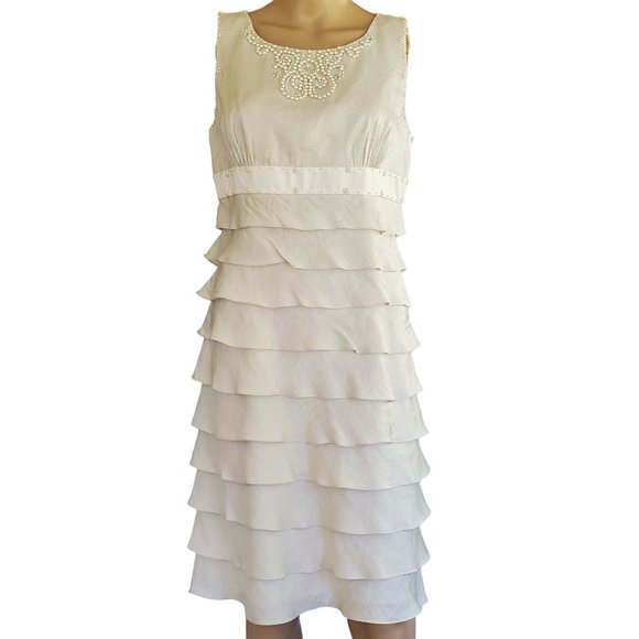 VTG Adrianna Papell Beaded Sleeveless Dress Women's 10 Rayon Ivory Lined Ruffles - Picture 6 of 15